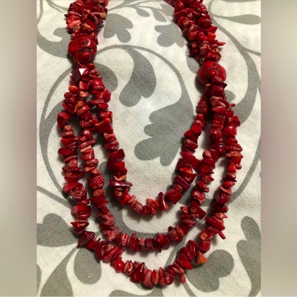 Multistrand Red Coral and Shell Necklace